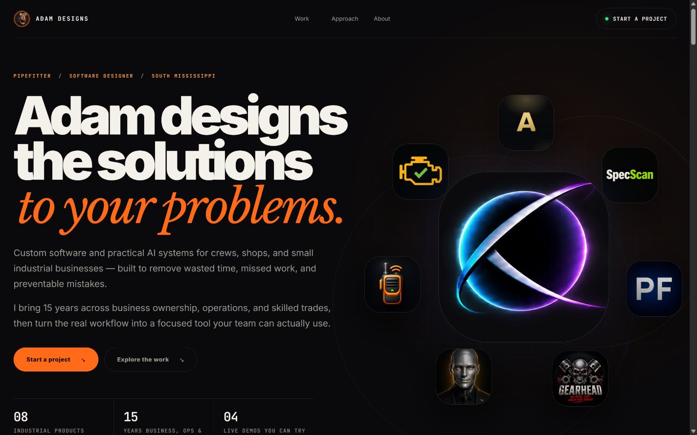Adam Designs homepage after verified SiteProof repairs