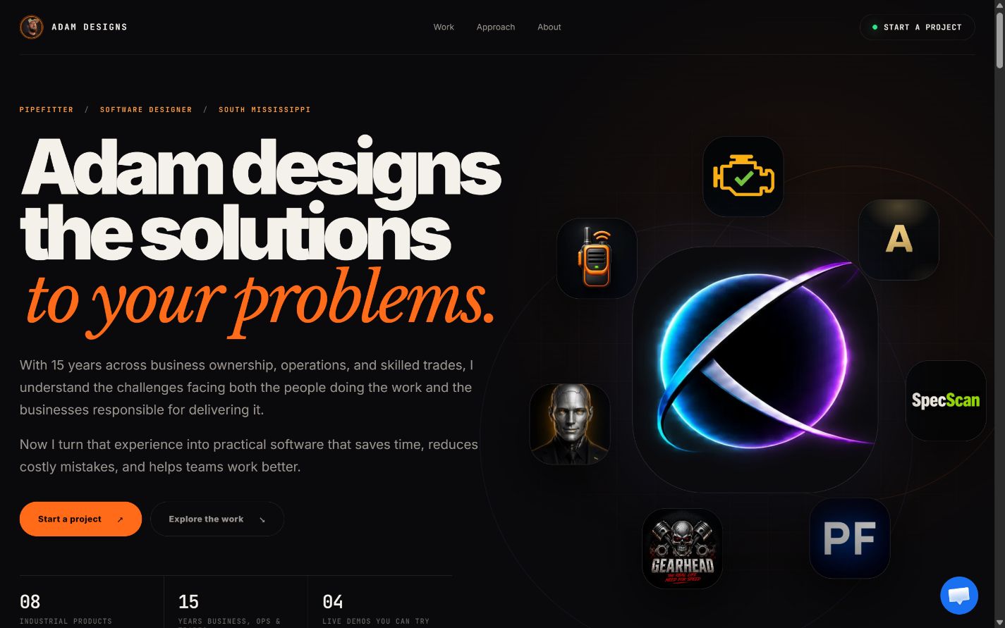 Adam Designs homepage before SiteProof repairs