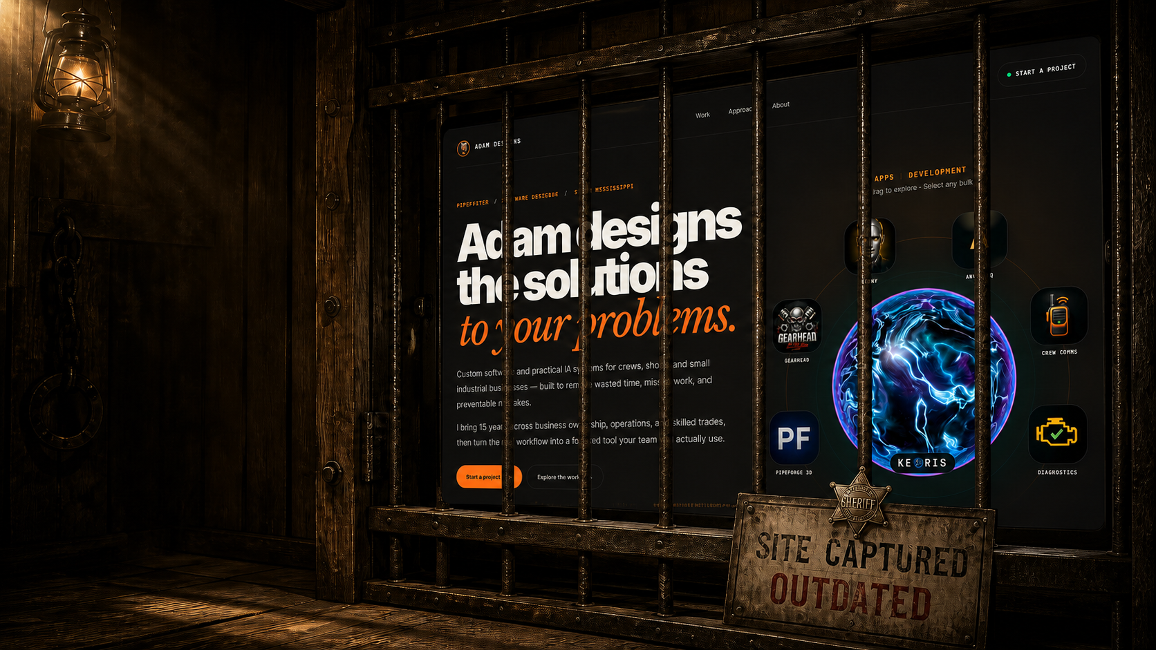 Adam Designs website secured behind continuous realistic forged iron bars in a dark Old West sheriff lockup
